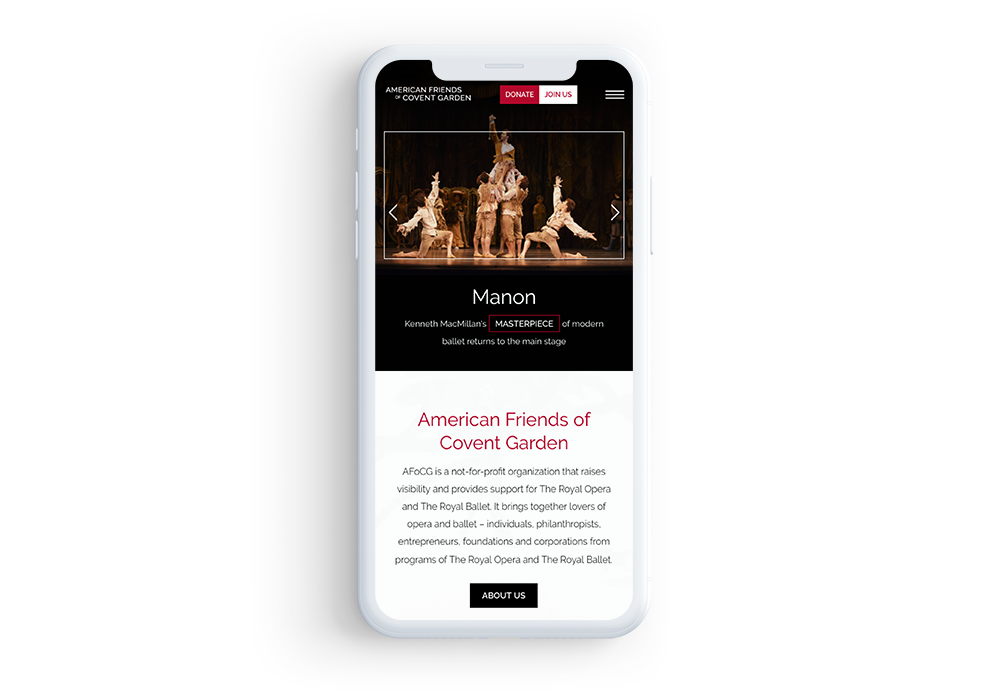 Mobile-optimized association website example: American Friends of Covent Garden