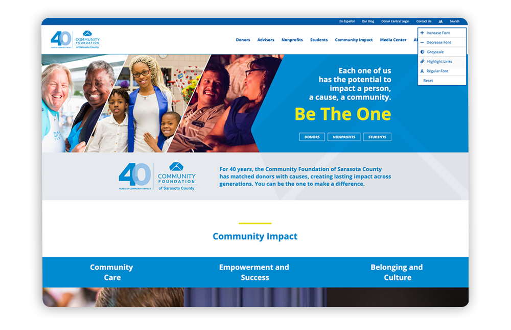 Accessible association website example: Community Foundation of Sarasota County