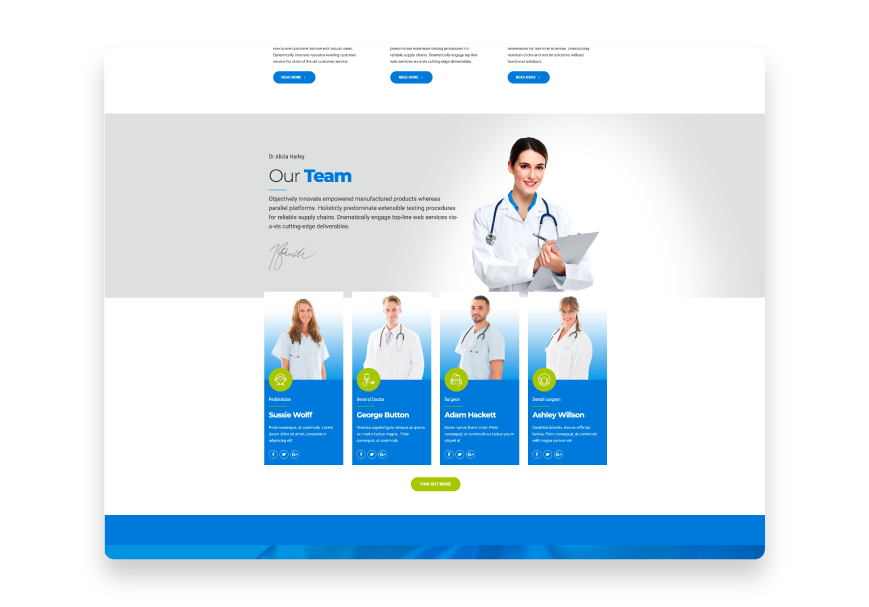 The General Hospital nonprofit website template has a section dedicated to showcasing your team. 