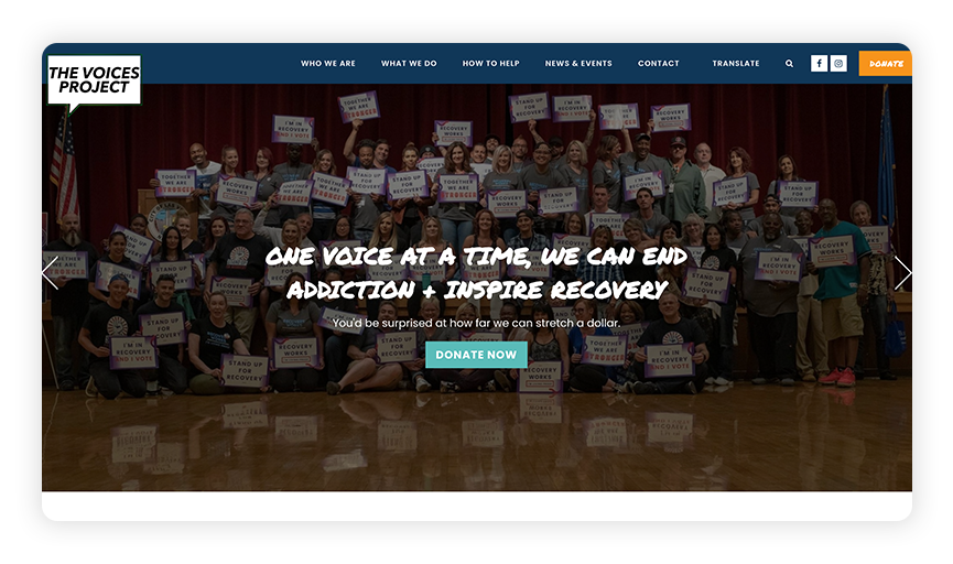 This is a screenshot of The Voices Project site, one of the best nonprofit websites.